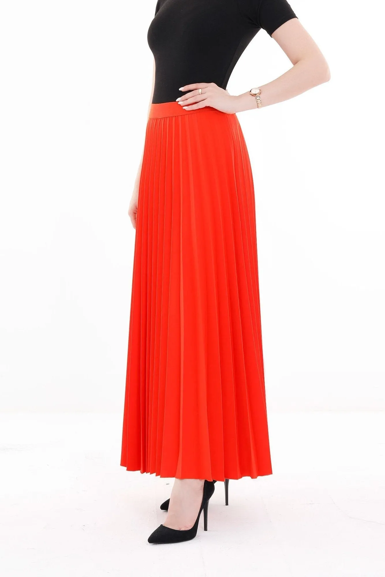 Coral Pleated Maxi Skirt Elastic Waist Band Ankle Length Plisse Skirt