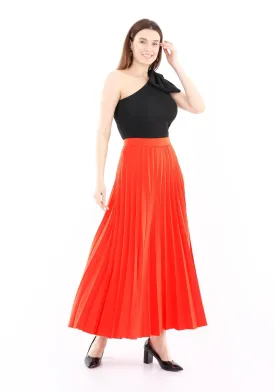 Coral Pleated Maxi Skirt Elastic Waist Band Ankle Length Plisse Skirt