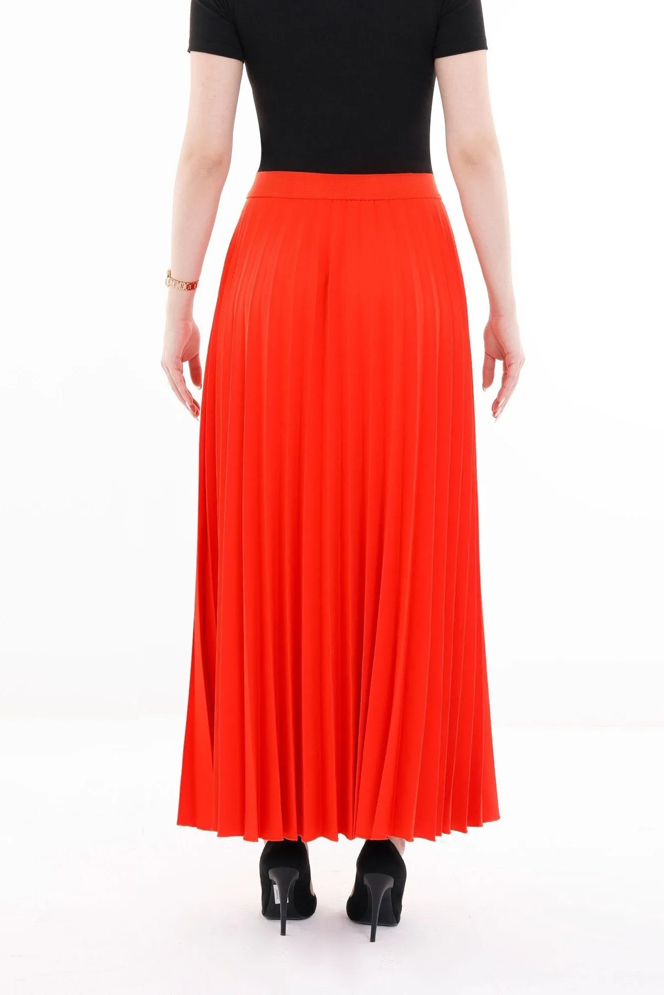 Coral Pleated Maxi Skirt Elastic Waist Band Ankle Length Plisse Skirt