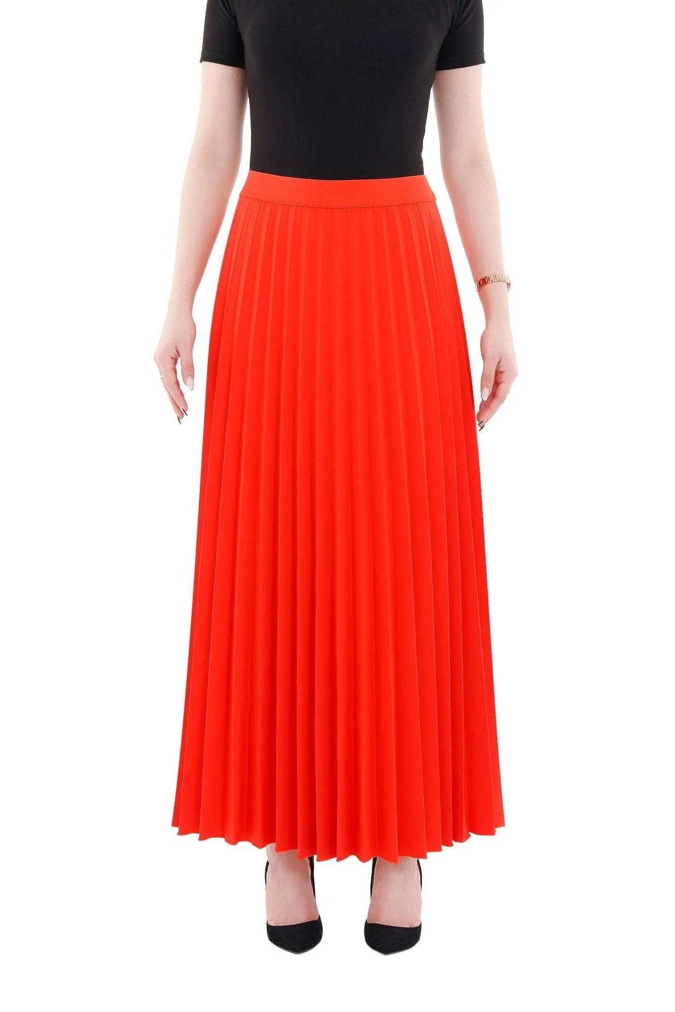 Coral Pleated Maxi Skirt Elastic Waist Band Ankle Length Plisse Skirt
