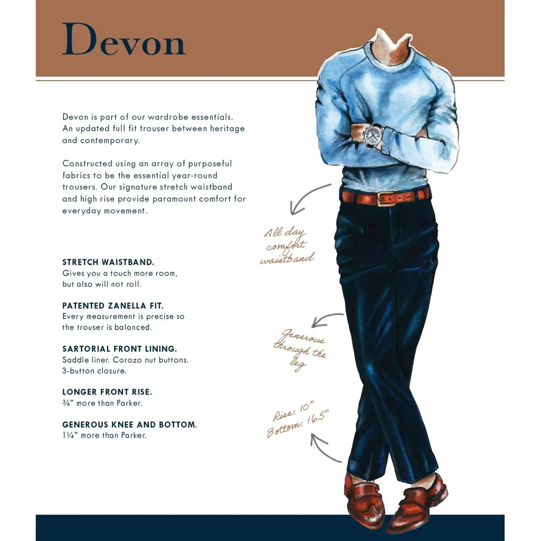 Devon Flat Front Super 110s Wool Serge Trouser in Medium Green (Modern Full Fit) by Zanella