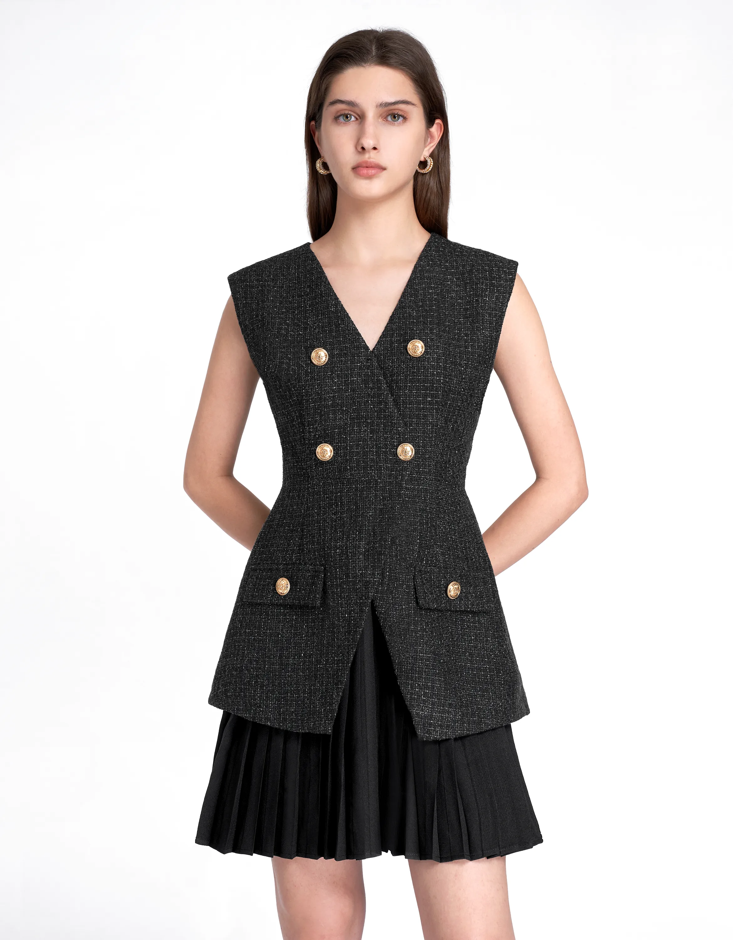Faux Two-piece Pleated Skirt Sleeveless Dress