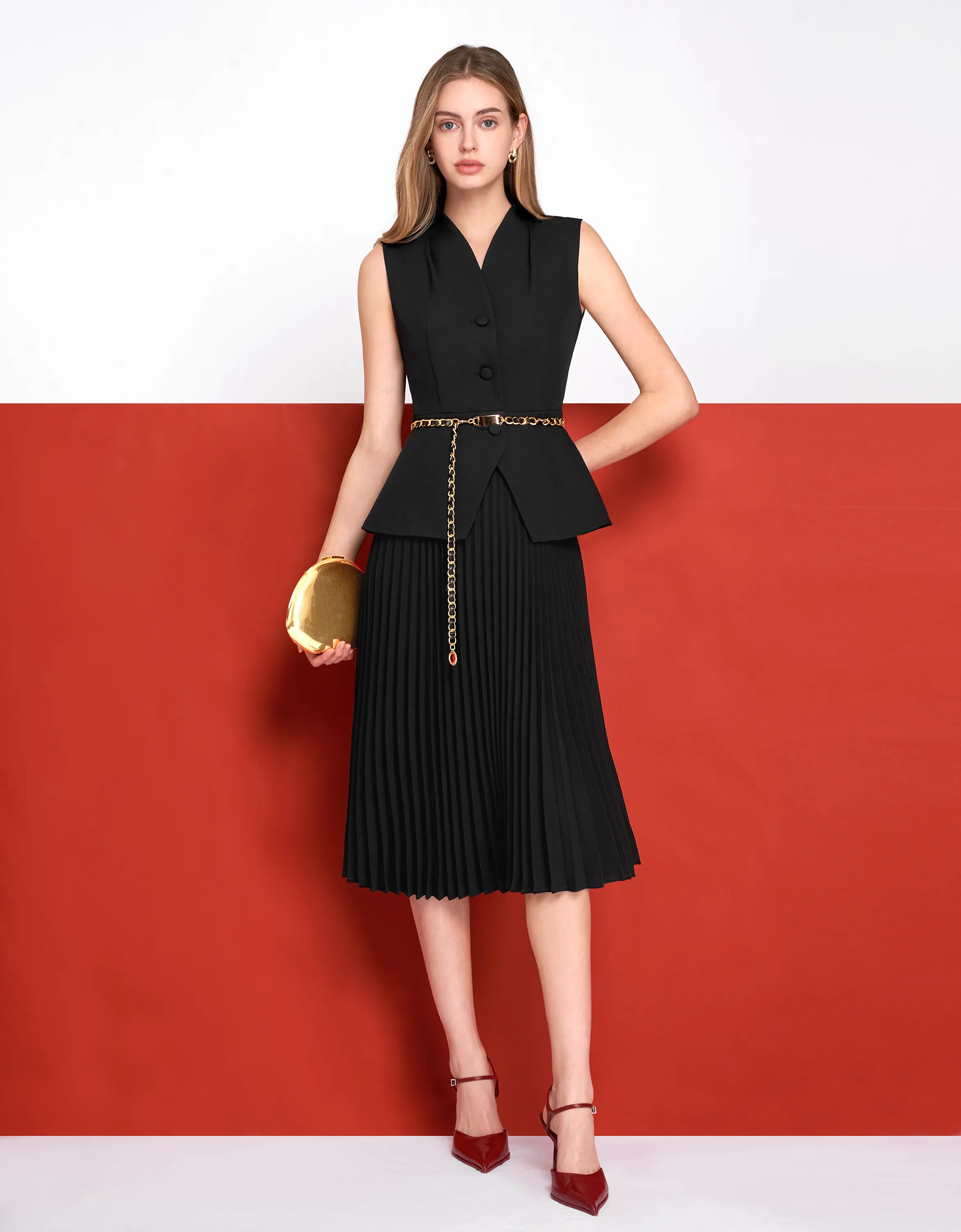 Faux Two-piece Pleated Skirt Suit Dress
