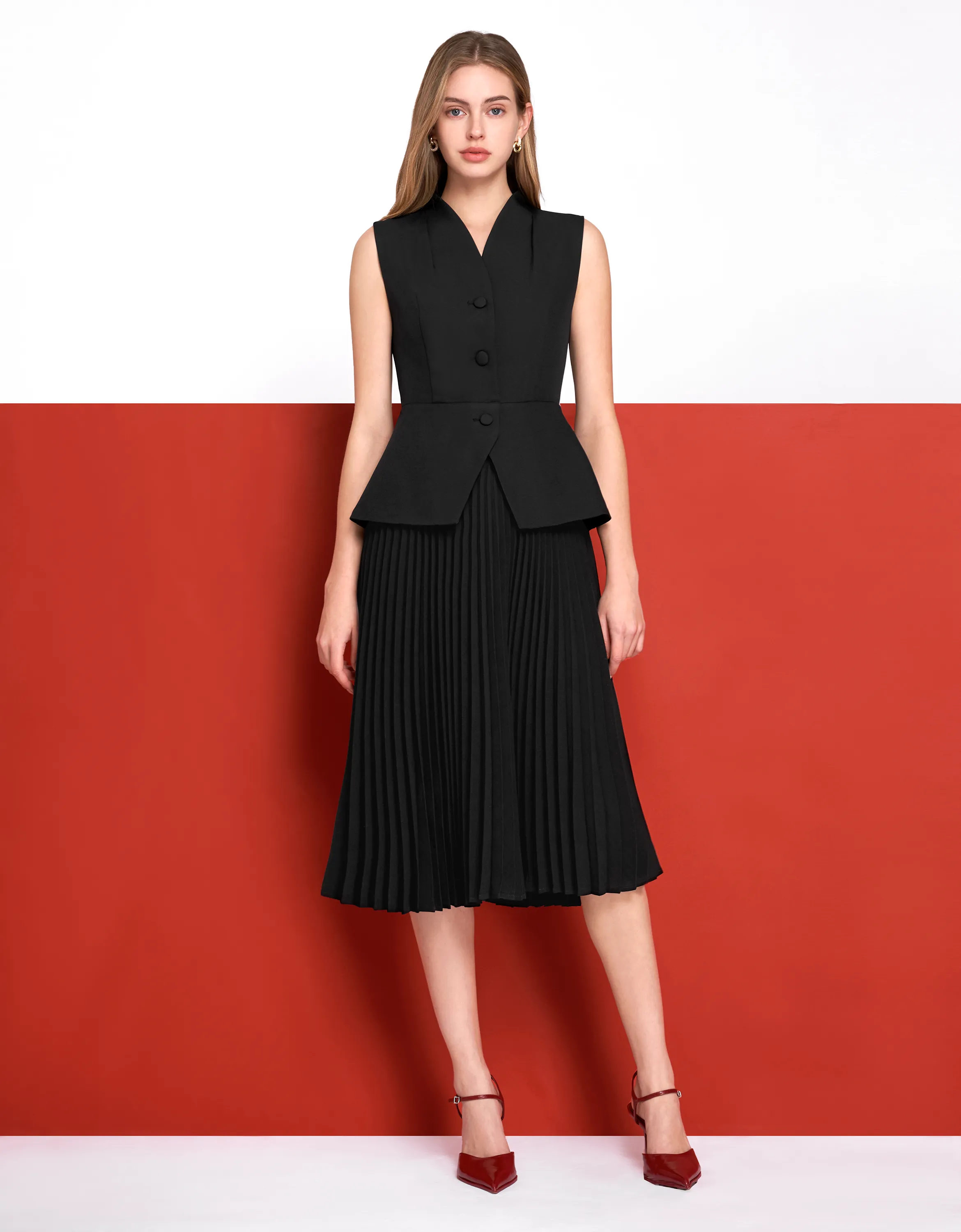 Faux Two-piece Pleated Skirt Suit Dress