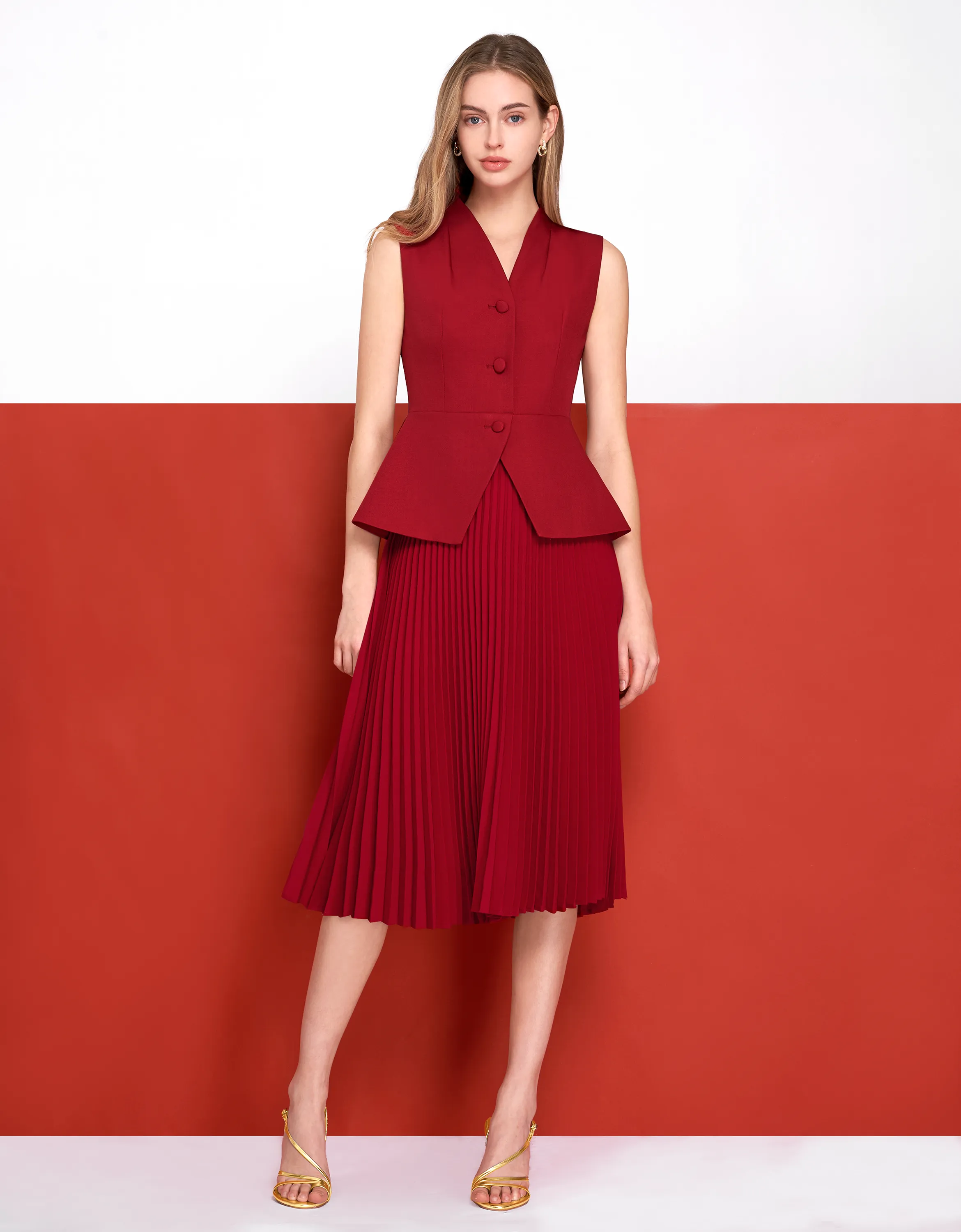 Faux Two-piece Pleated Skirt Suit Dress