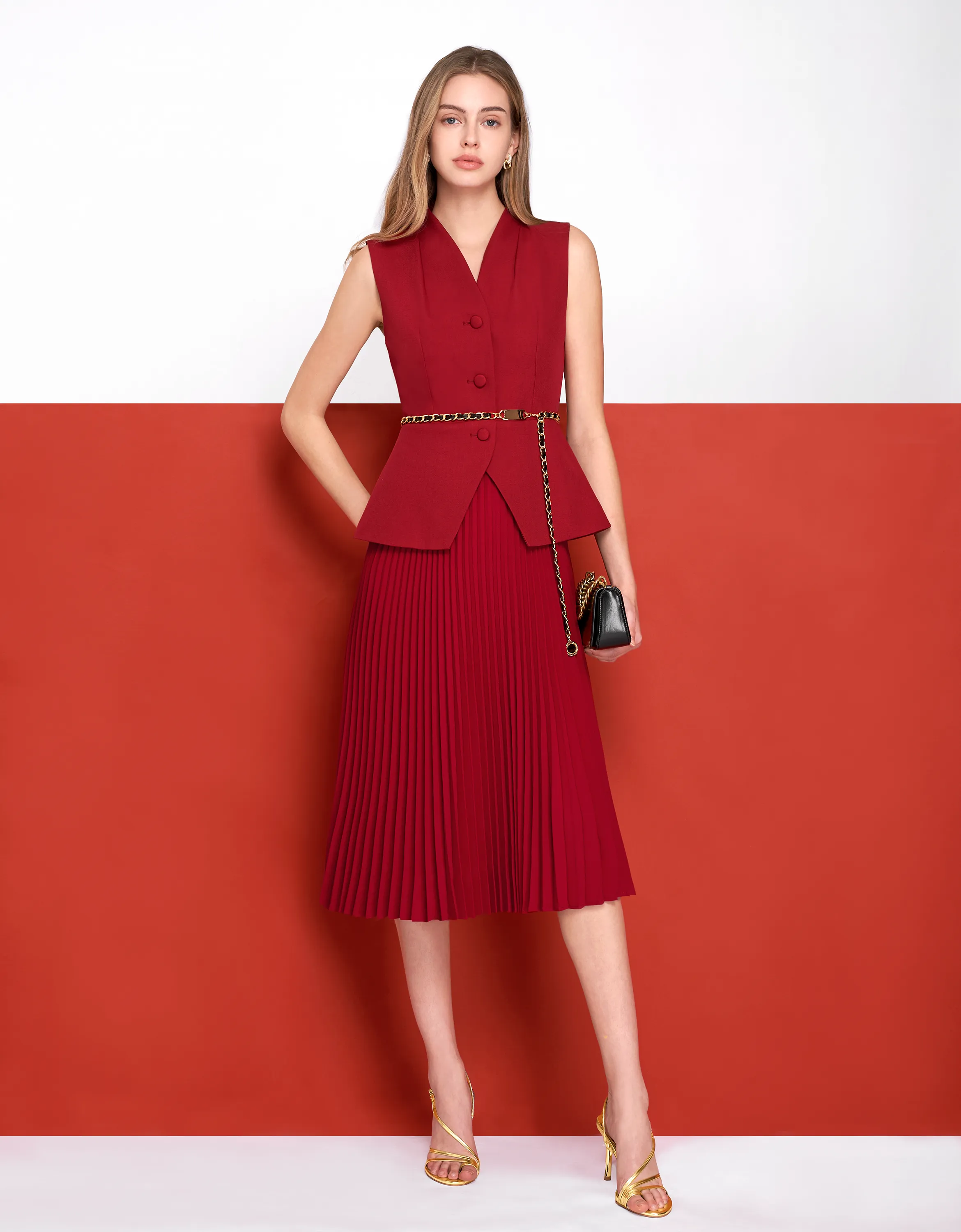 Faux Two-piece Pleated Skirt Suit Dress
