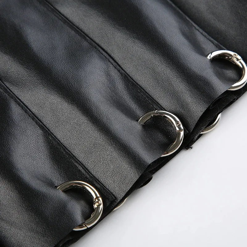 Gothic PU Leather Metal Ring Pleated Skirt