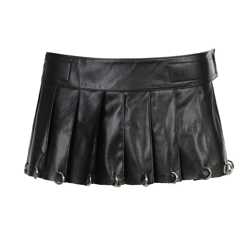 Gothic PU Leather Metal Ring Pleated Skirt