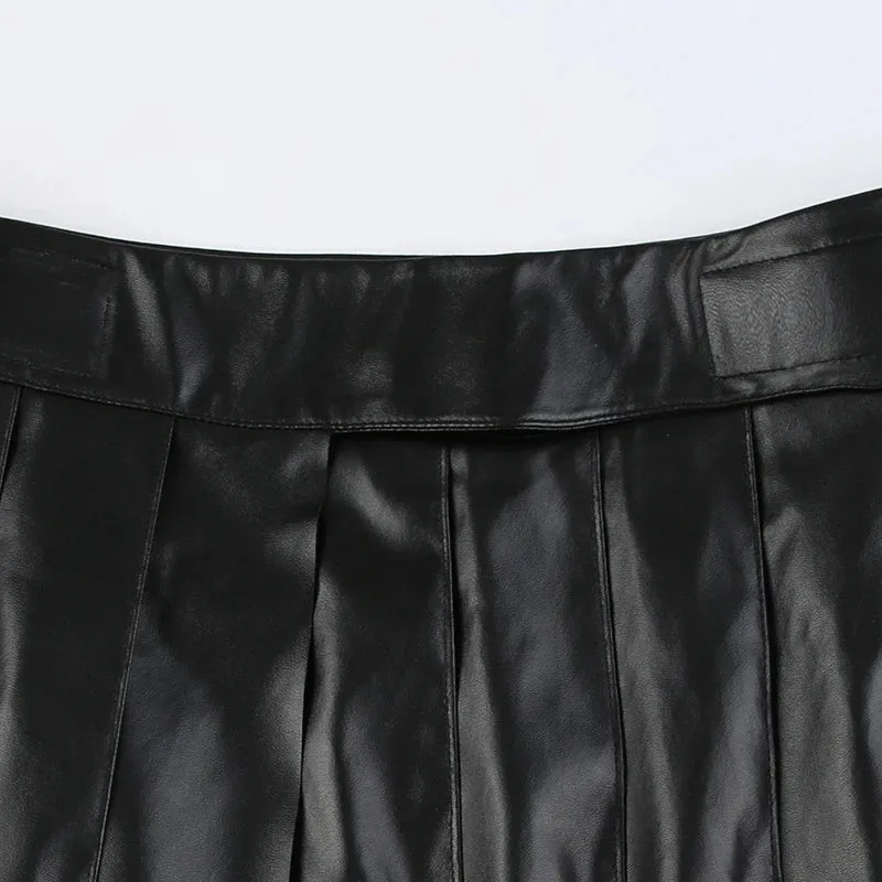 Gothic PU Leather Metal Ring Pleated Skirt