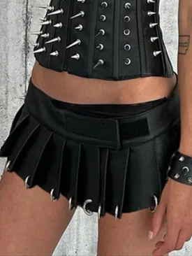 Gothic PU Leather Metal Ring Pleated Skirt