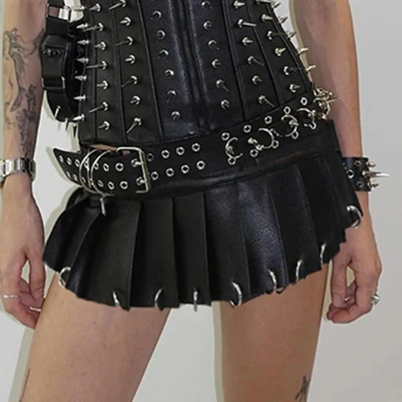 Gothic PU Leather Metal Ring Pleated Skirt