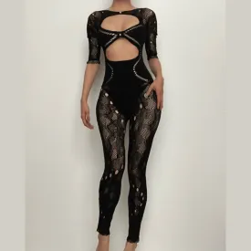 Hollow out short sleeve button fishnet solid jumpsuit