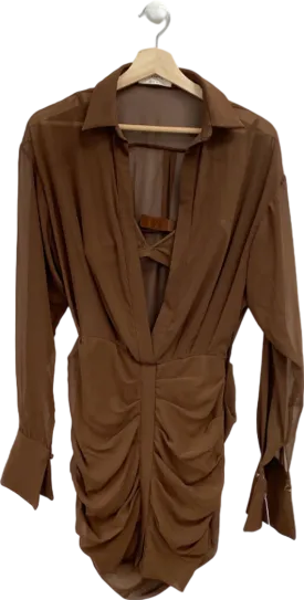 House of CB Brown Sheer Ruched Shirt Dress with Matching Bra XS