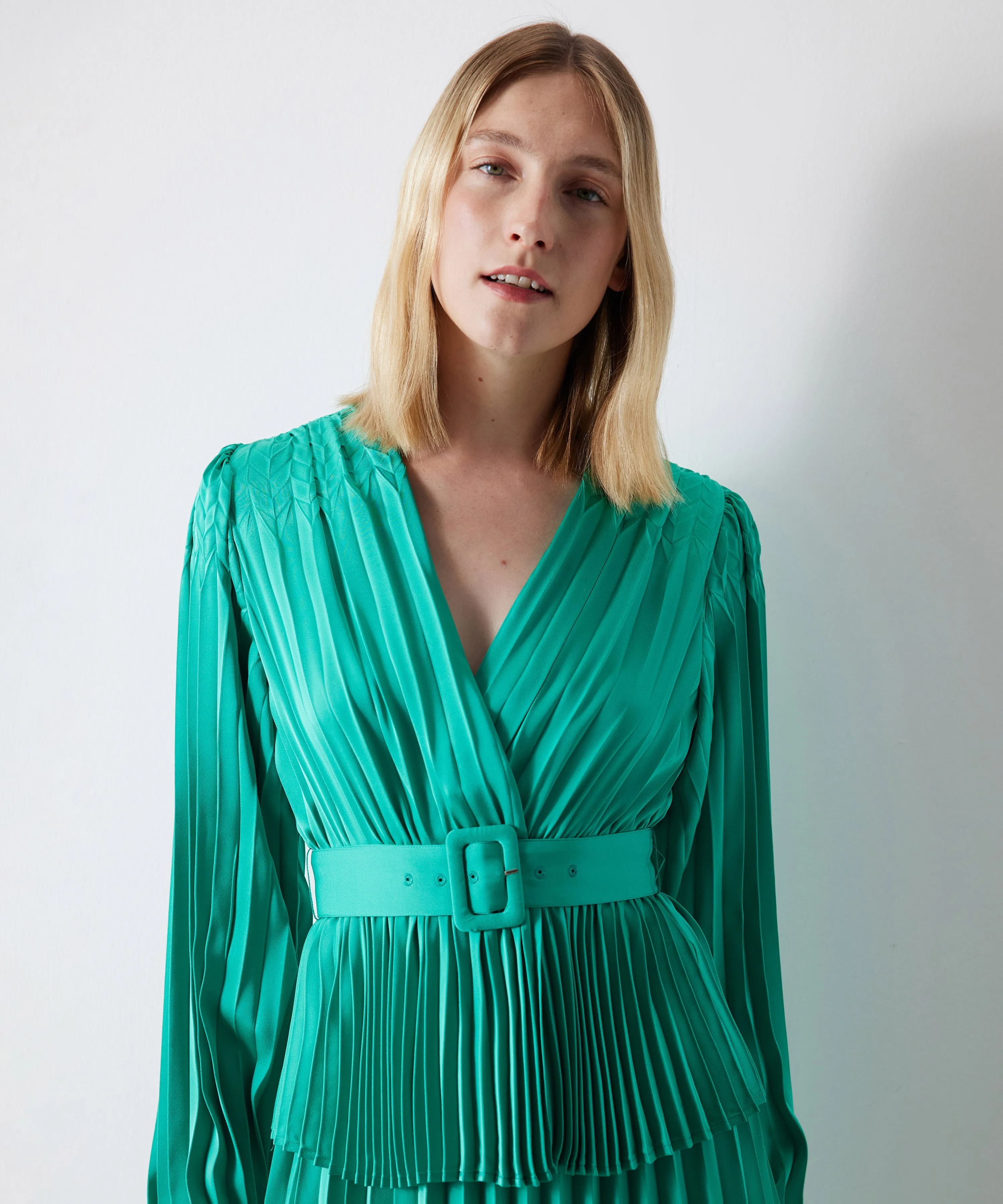 Ipekyol Solid Pleated Belted Jacket Turquse