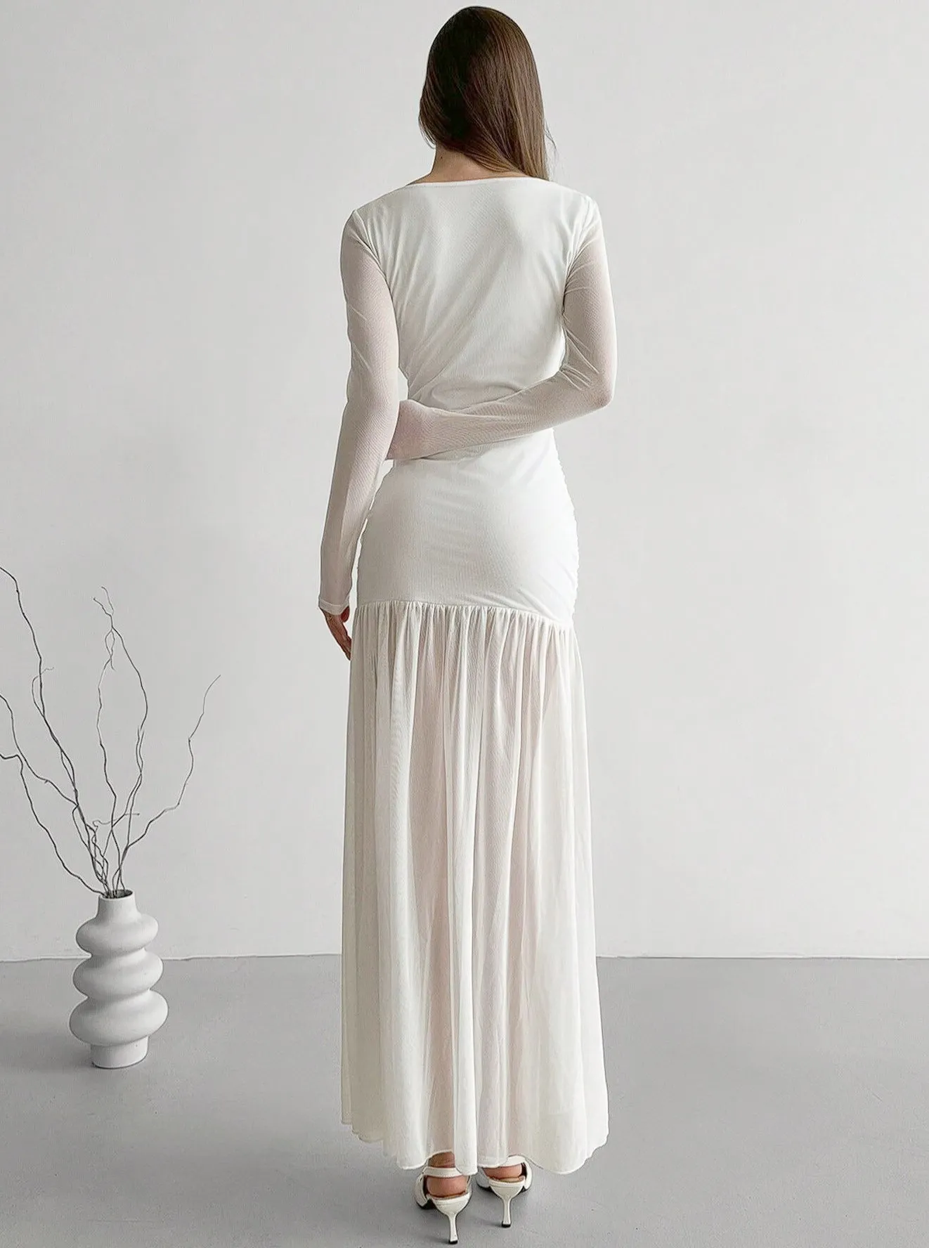 Jackie Sheer Deep Vneck Trumpet Maxi Dress