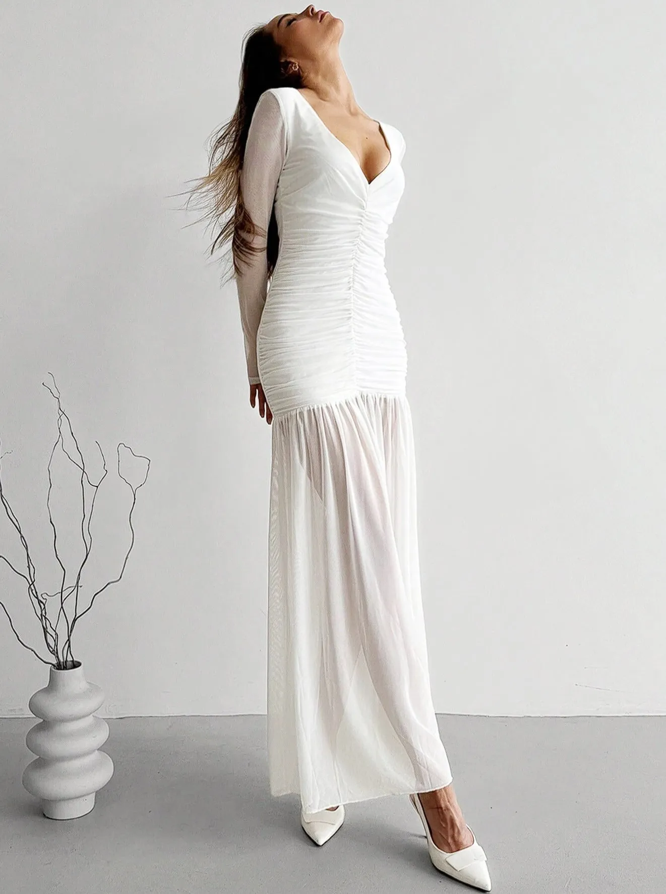 Jackie Sheer Deep Vneck Trumpet Maxi Dress