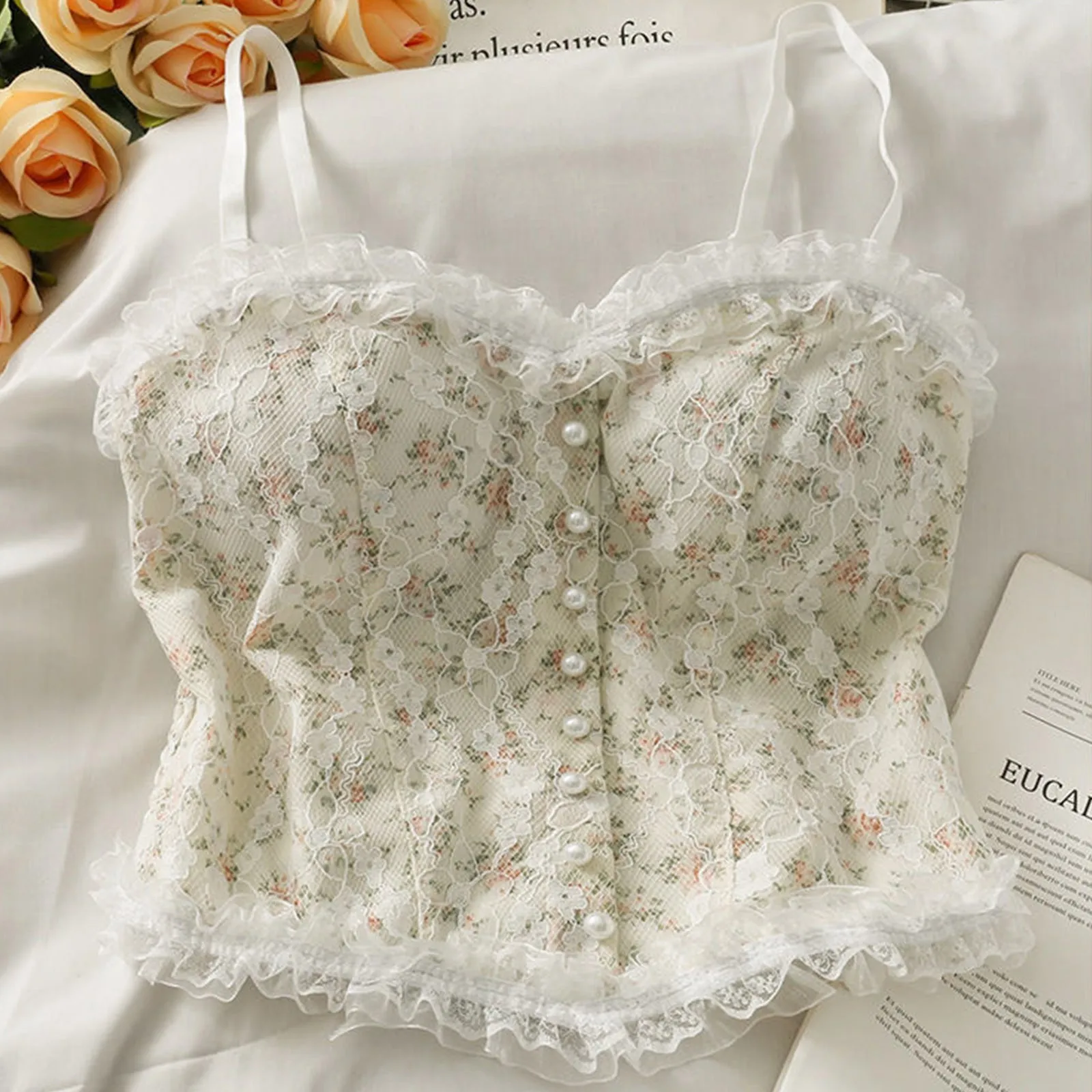 jetveli Ladies Floral Tank Tops Pearl Lace Tank Tops Spaghetti Strap Sleeveless Camisole