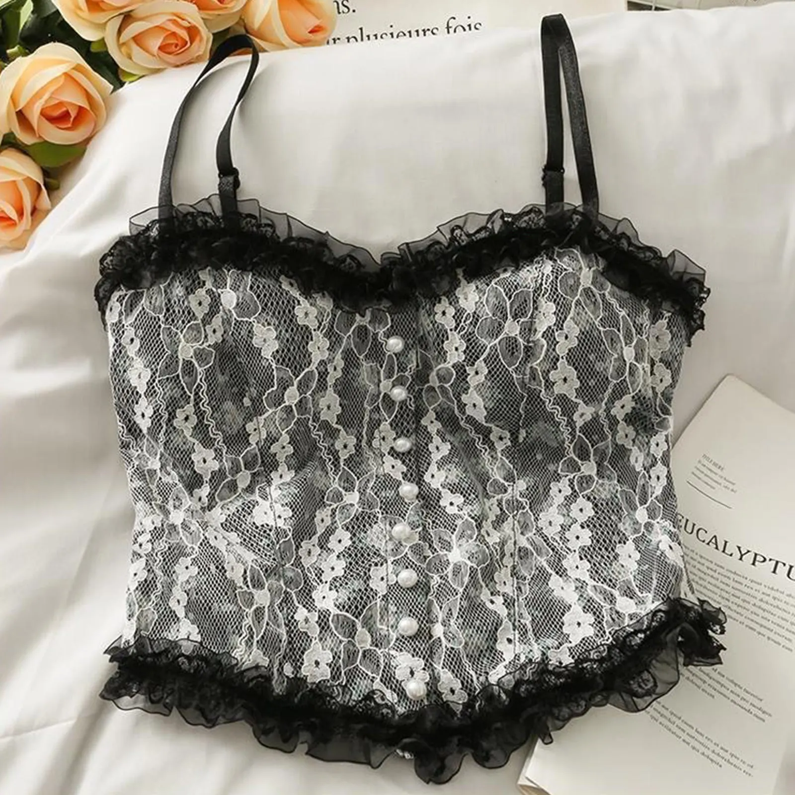 jetveli Ladies Floral Tank Tops Pearl Lace Tank Tops Spaghetti Strap Sleeveless Camisole