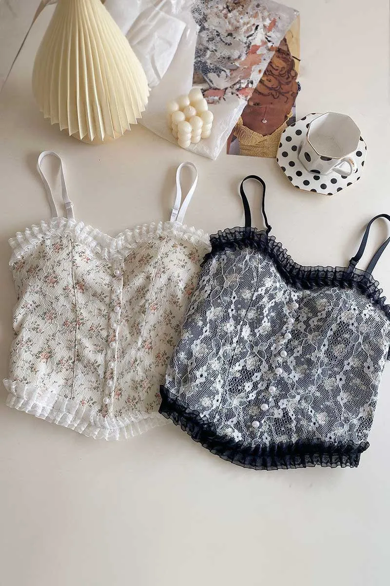 jetveli Ladies Floral Tank Tops Pearl Lace Tank Tops Spaghetti Strap Sleeveless Camisole