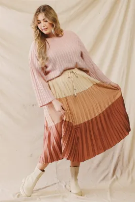 Junior Plus Brick Colorblock Pleated Satin Effect Midi Skirt /3-2-1