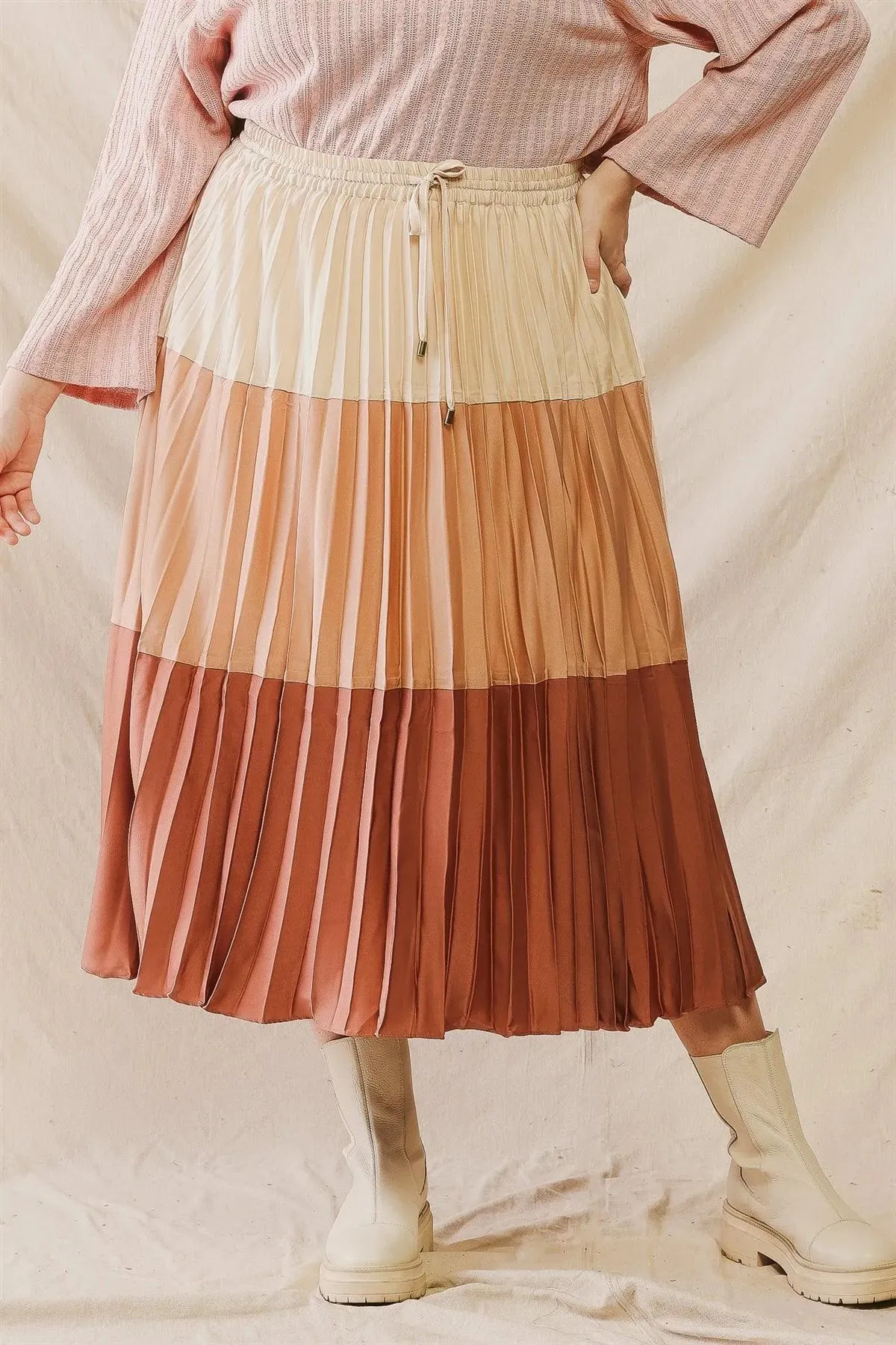 Junior Plus Brick Colorblock Pleated Satin Effect Midi Skirt /3-2-1