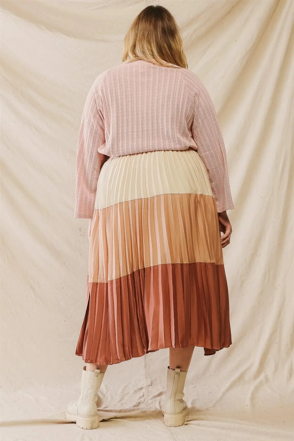 Junior Plus Brick Colorblock Pleated Satin Effect Midi Skirt /3-2-1
