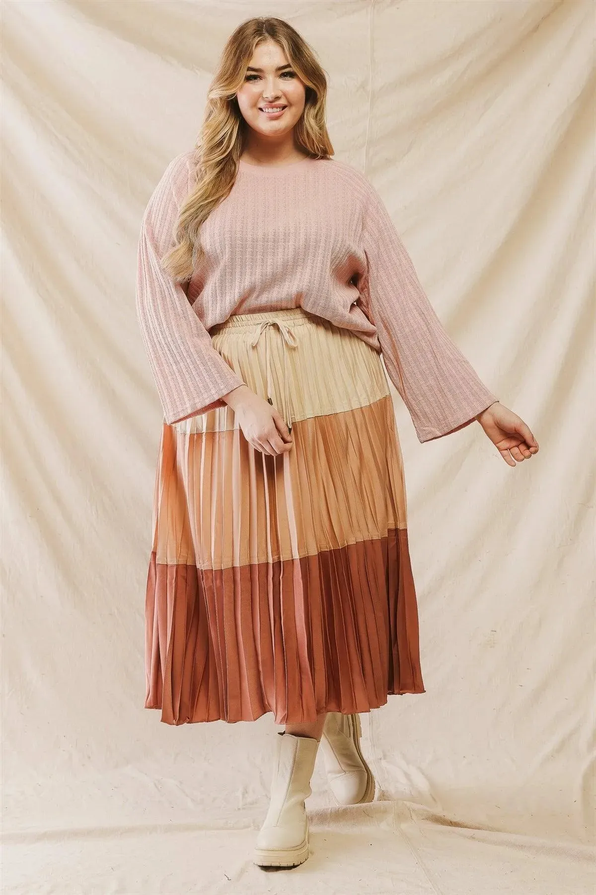 Junior Plus Brick Colorblock Pleated Satin Effect Midi Skirt /3-2-1