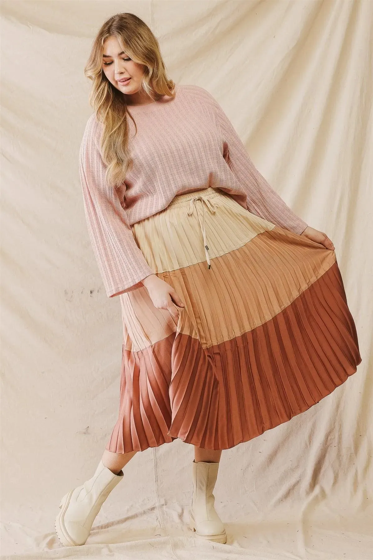 Junior Plus Brick Colorblock Pleated Satin Effect Midi Skirt /3-2-1