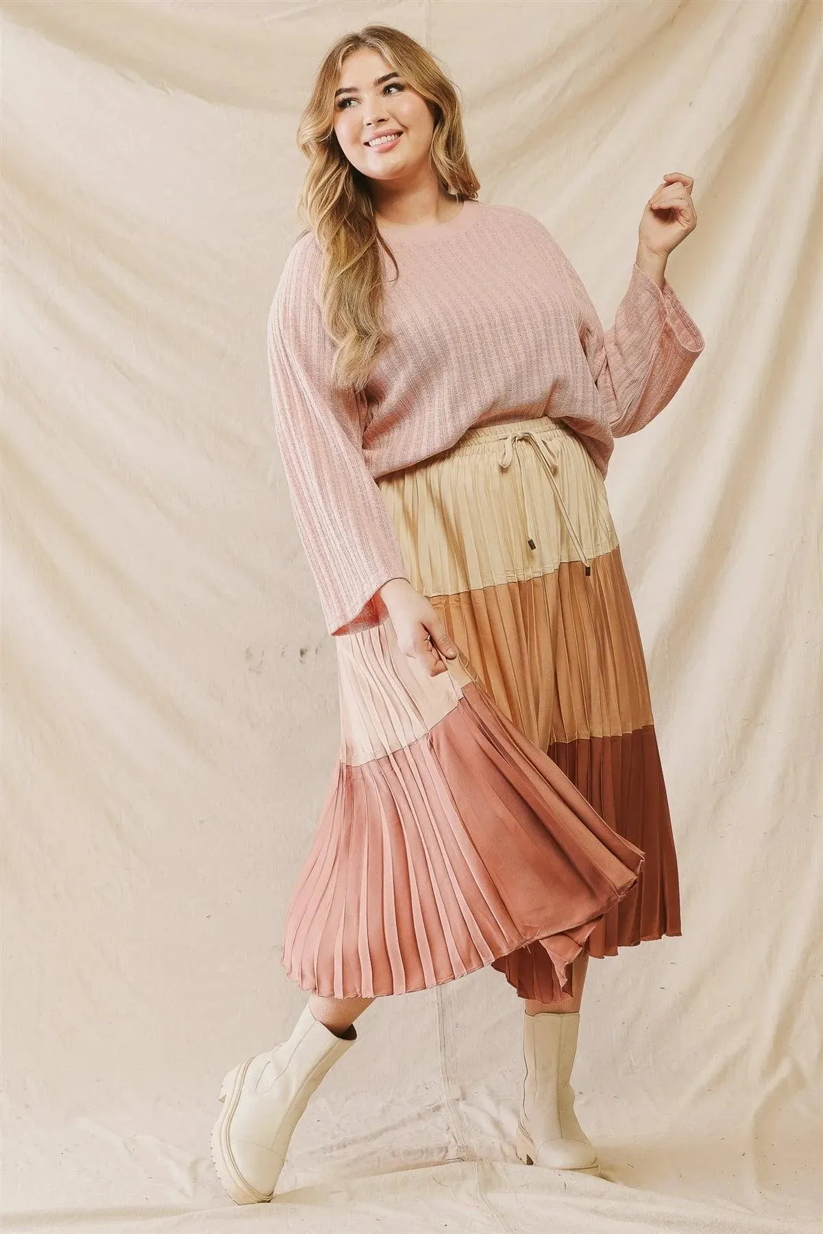 Junior Plus Brick Colorblock Pleated Satin Effect Midi Skirt /3-2-1