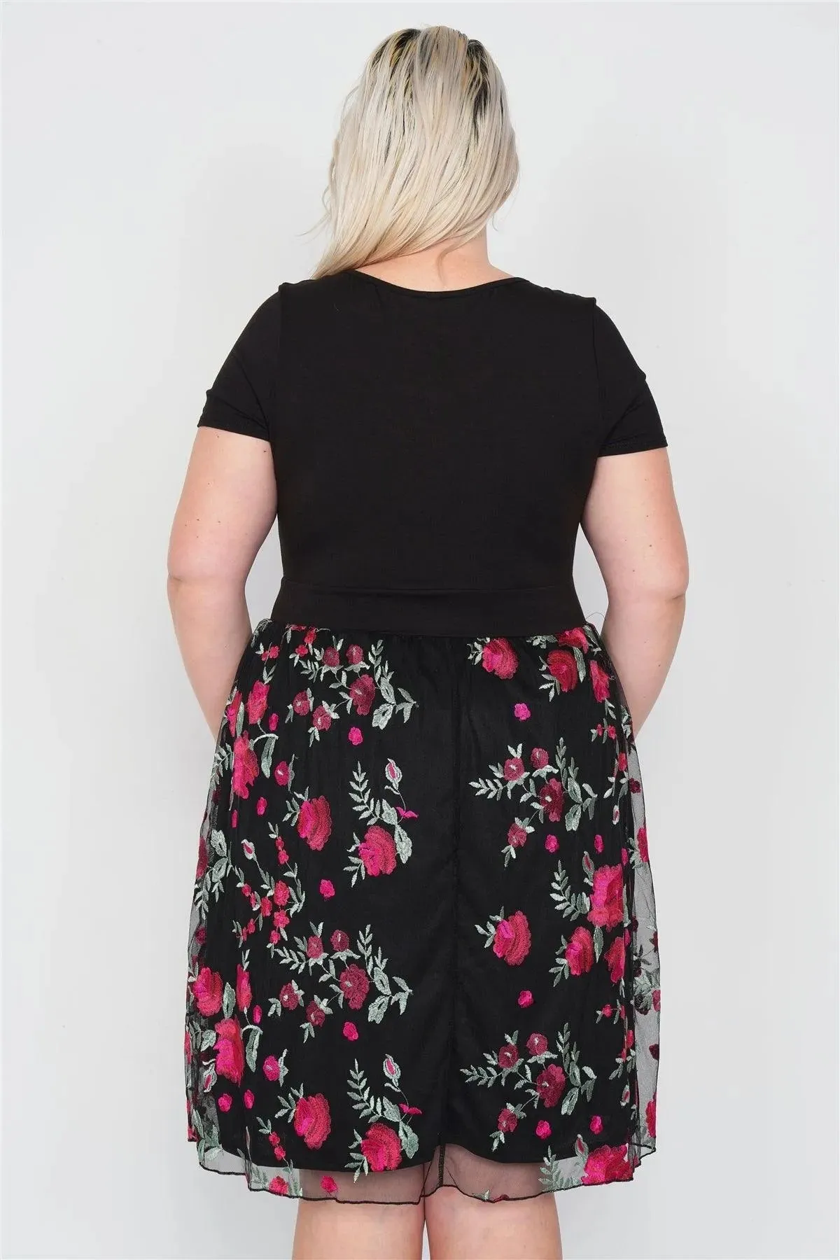 Junior Plus Size Black Tulle Floral Print Mini Dress   /1-2-3