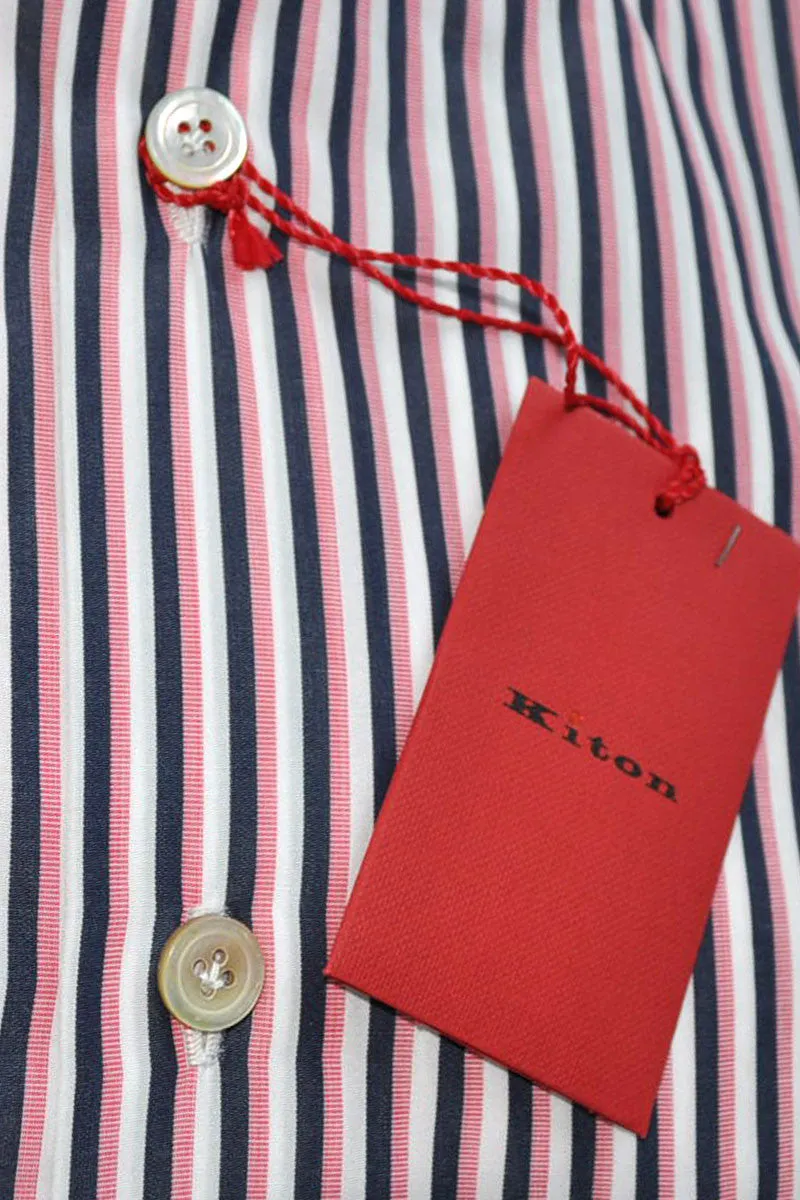 Kiton Shirt White Navy Pink Stripes 37 - 14 1/2 REDUCED - SALE