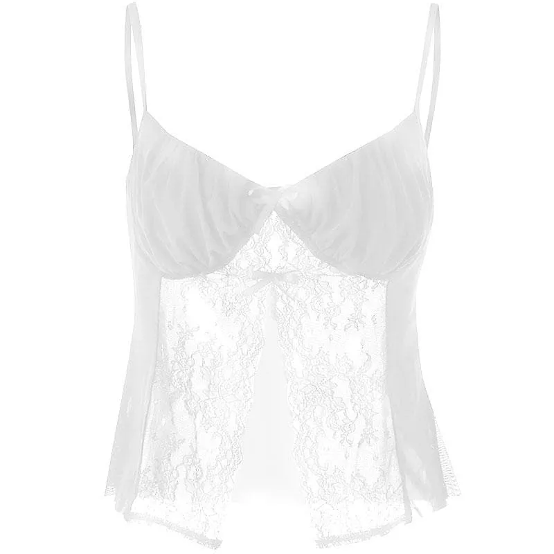 Lace patchwork ruched solid v neck slit cami crop top