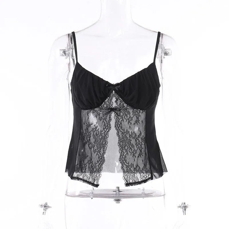 Lace patchwork ruched solid v neck slit cami crop top