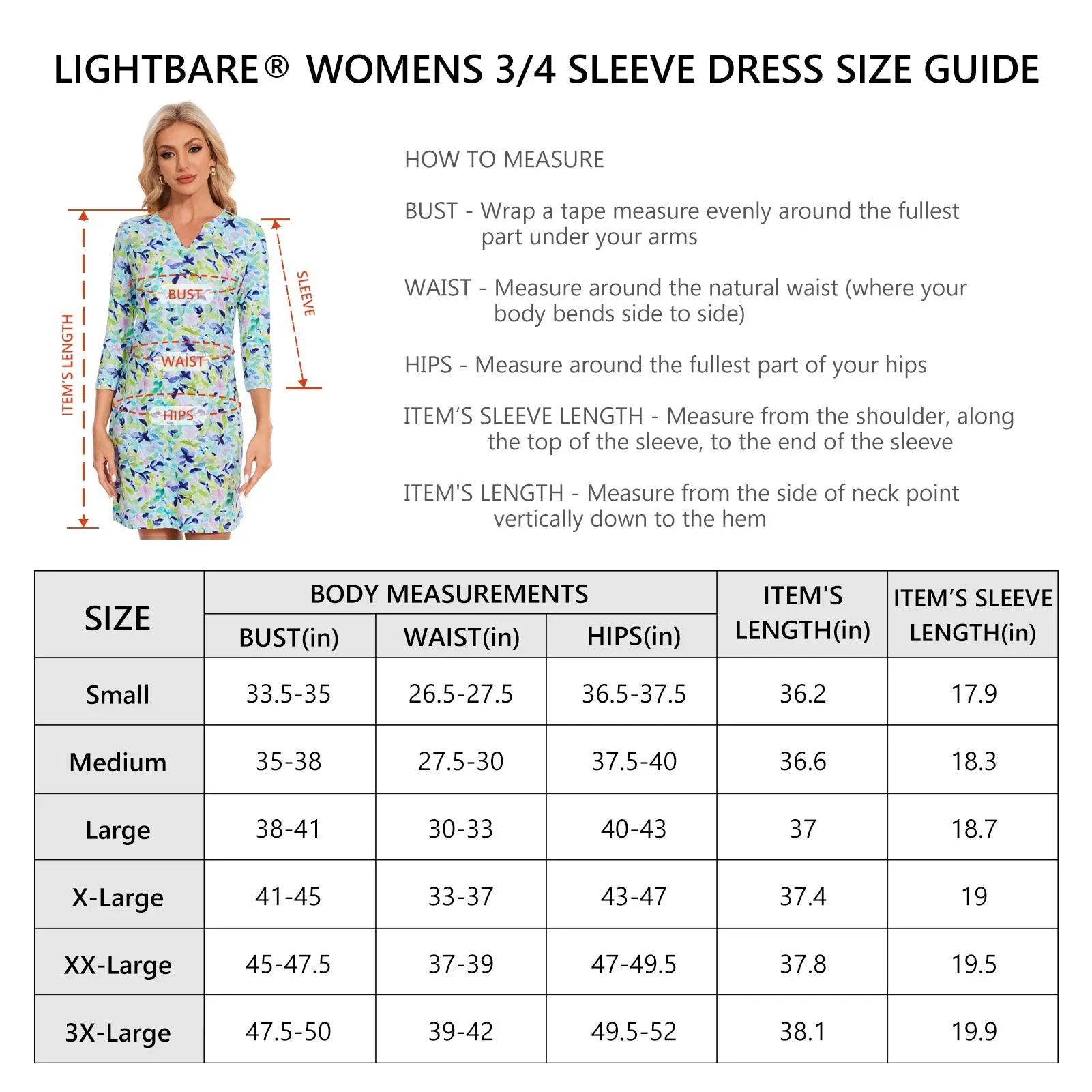 Lightbare Women's UPF 3/4 Sleeve Sun protection Dress LB04W
