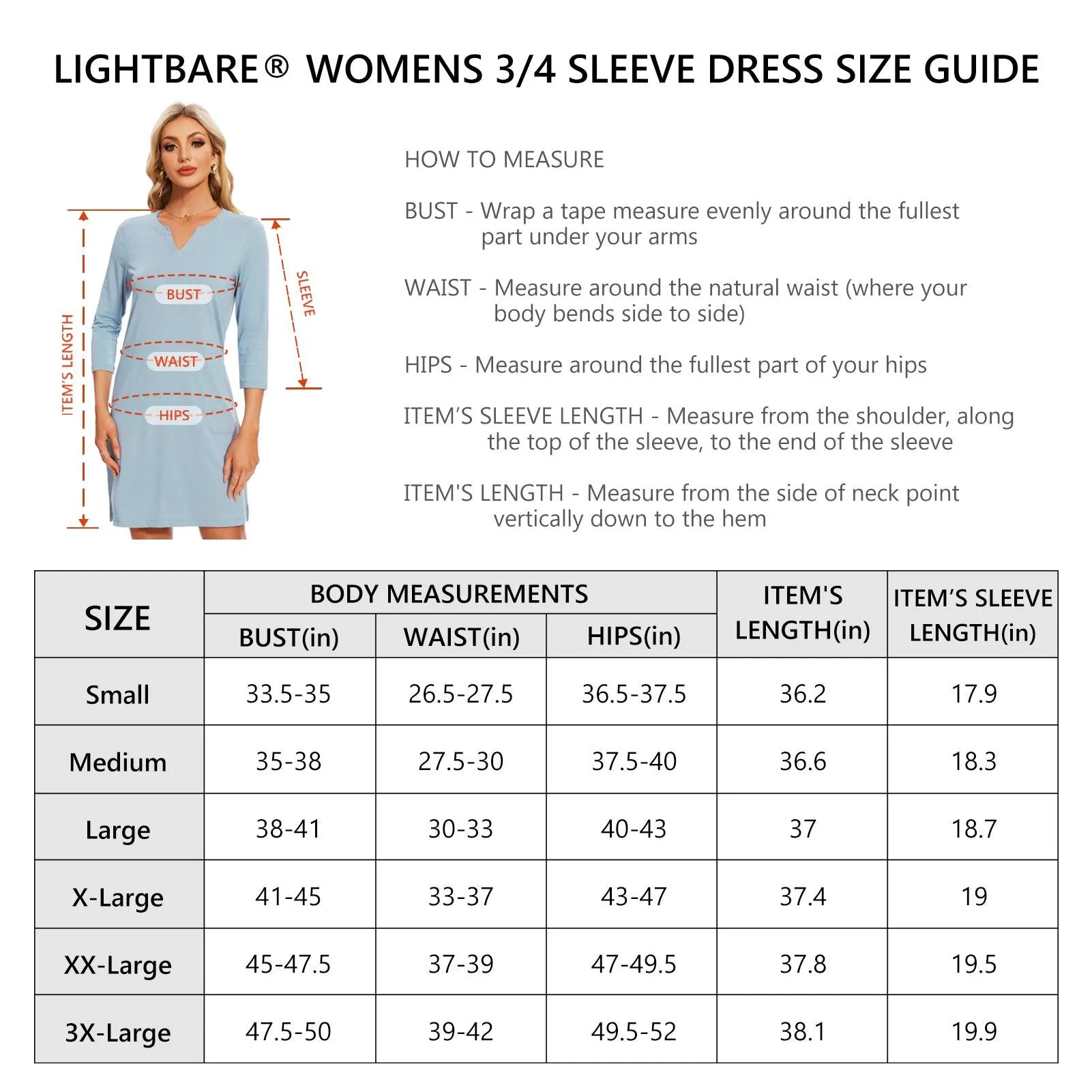 Lightbare Women's UPF 3/4 Sleeve Sun protection Dress LB04W