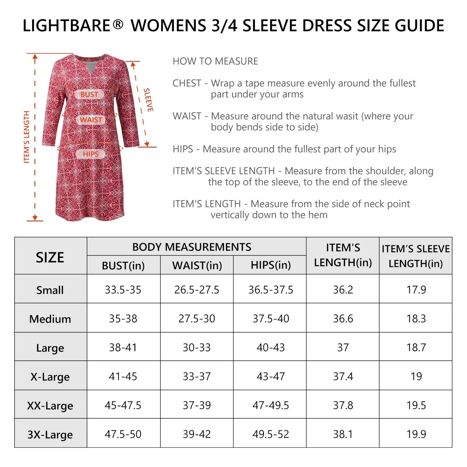 Lightbare Women's UPF50  3/4 Sleeve Dress LB04W