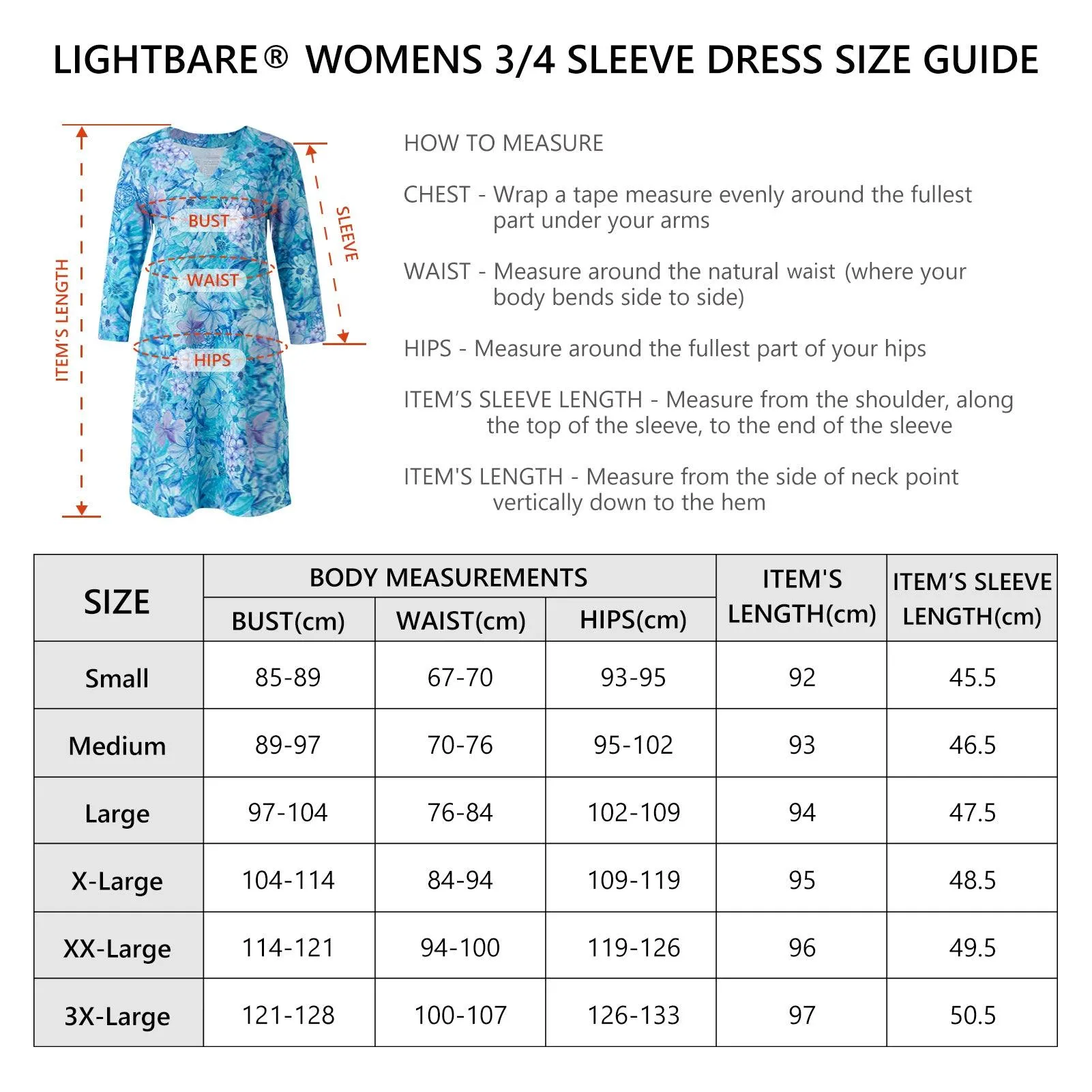Lightbare Women's UPF50  3/4 Sleeve Dress LB04W