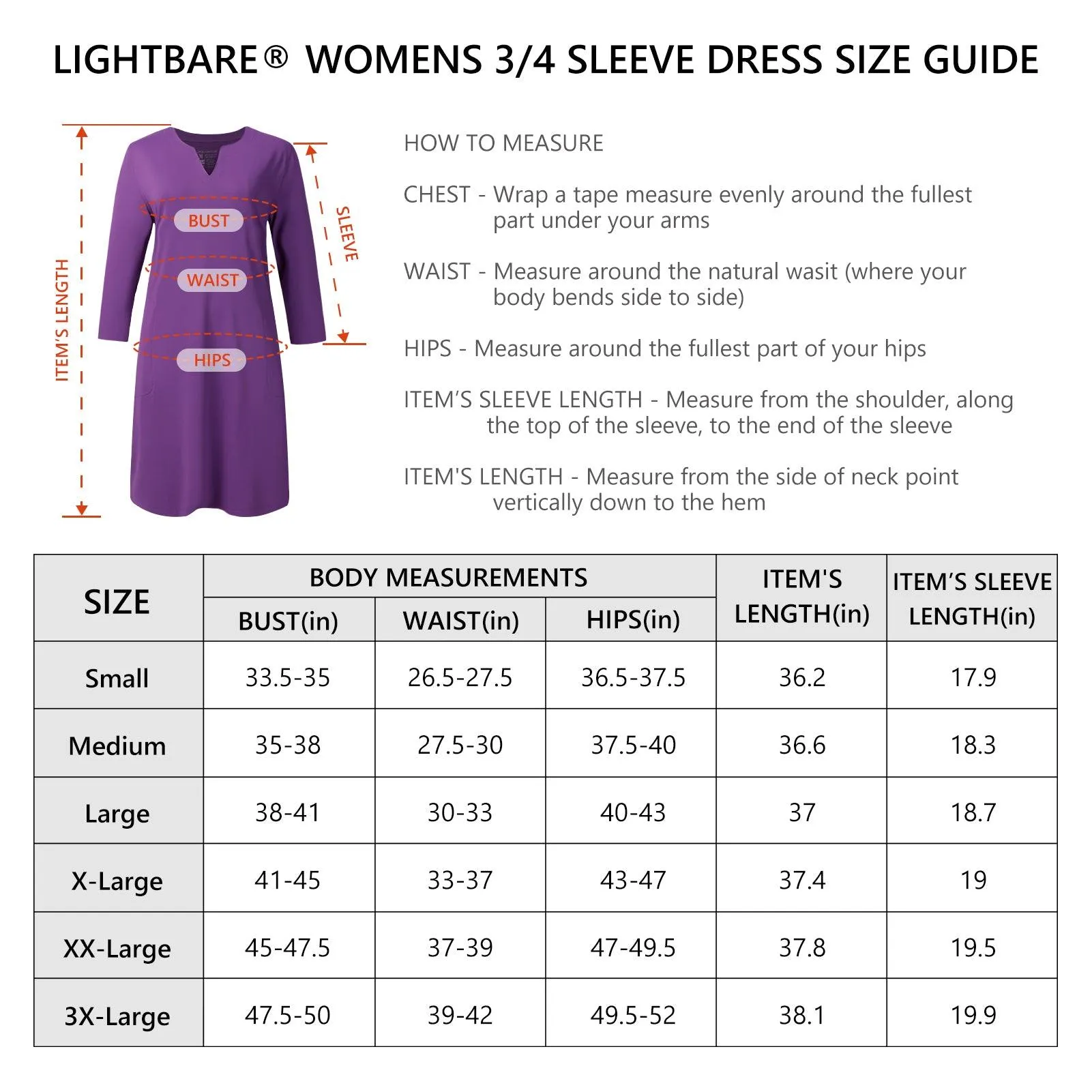 Lightbare Women's UPF50  3/4 Sleeve Dress LB04W