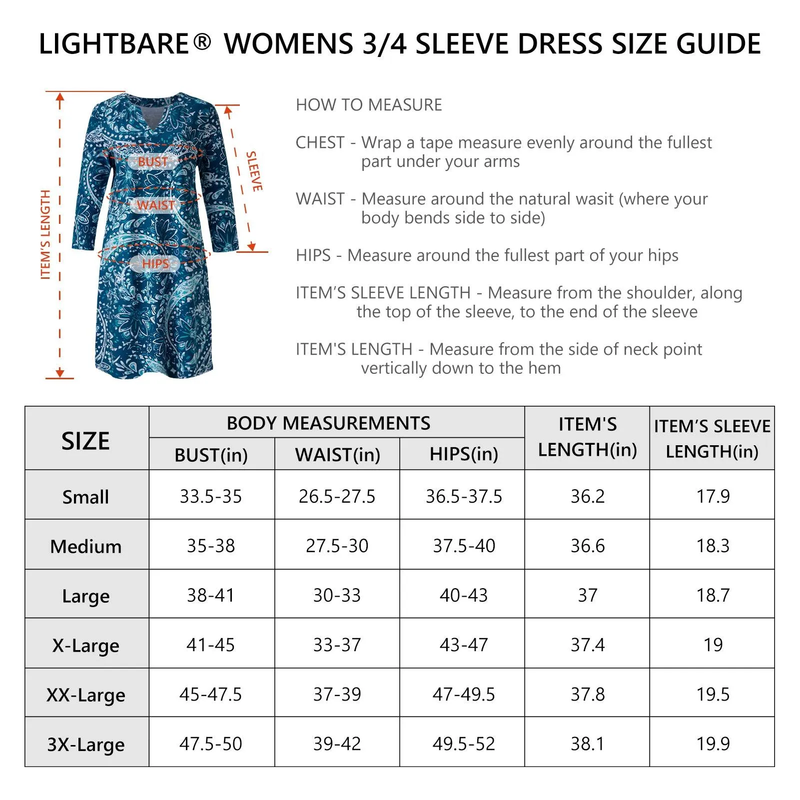 Lightbare Women's UPF50  3/4 Sleeve Dress LB04W