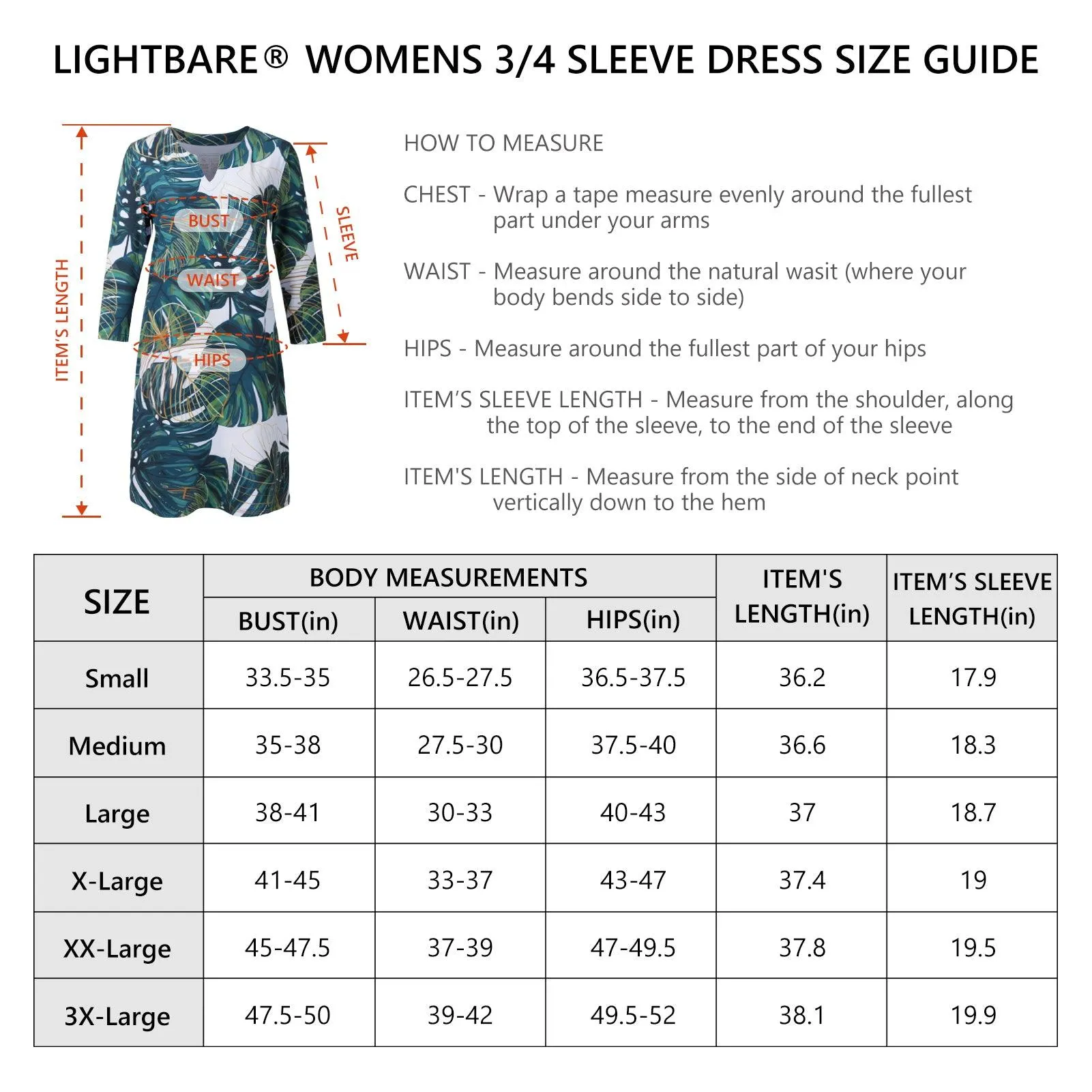Lightbare Women's UPF50  3/4 Sleeve Dress LB04W