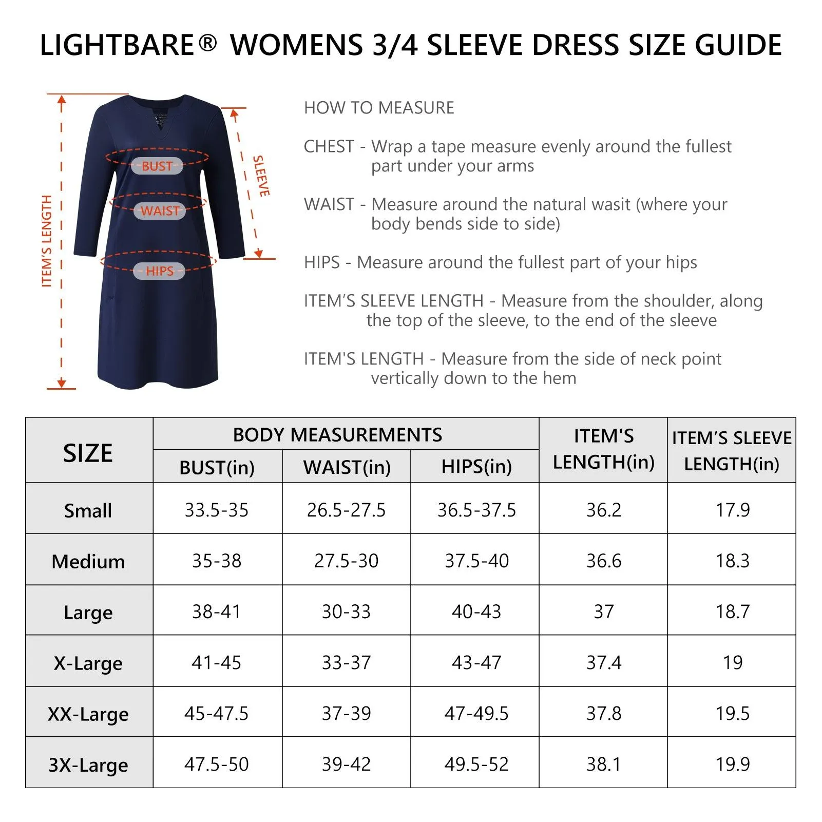 Lightbare Women's UPF50  3/4 Sleeve Dress LB04W