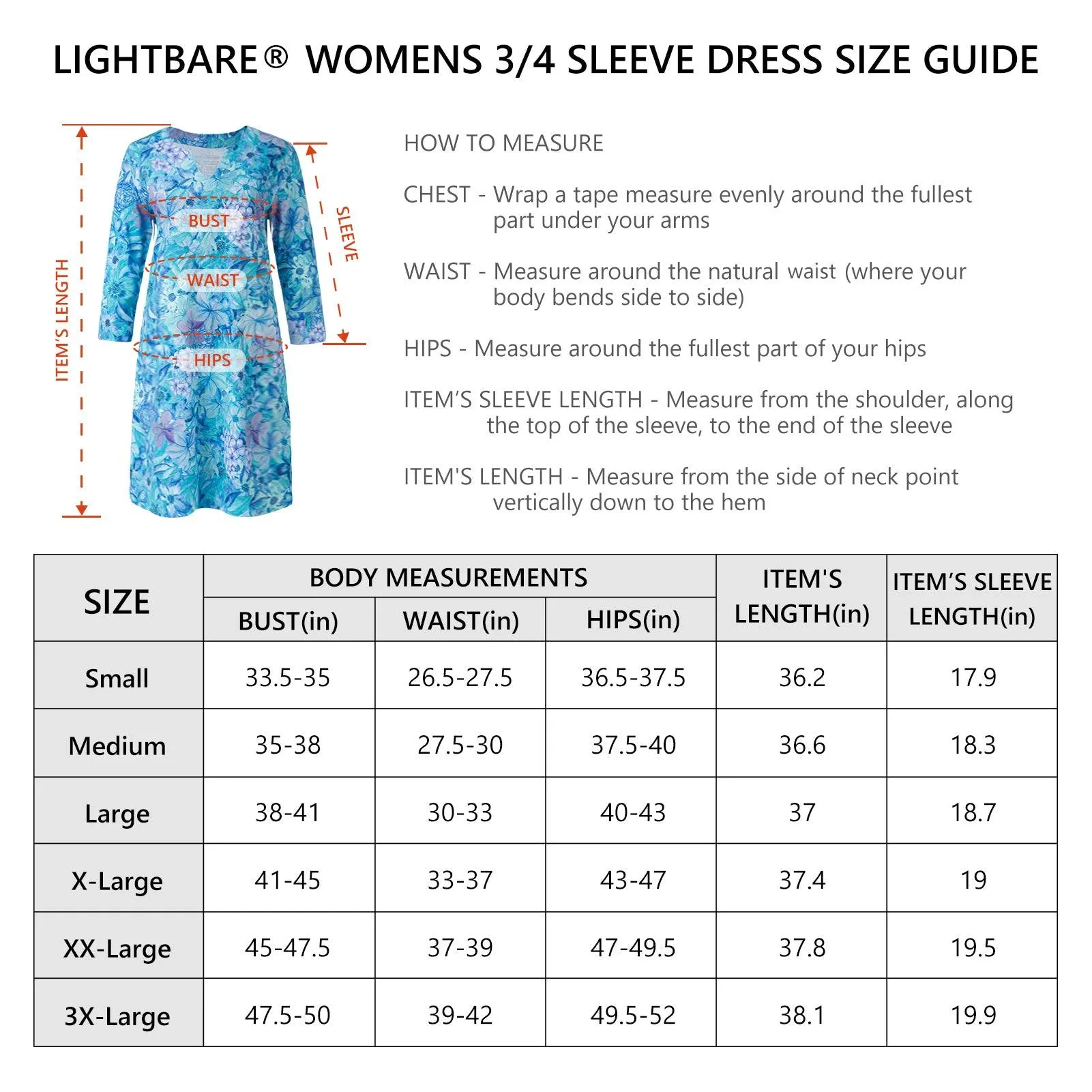 Lightbare Women's UPF50  3/4 Sleeve Dress LB04W