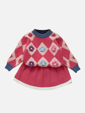 Little Surprise Box 2pcs Pink Diamond Floral Cardigan and Skirt Winterwear set for girls