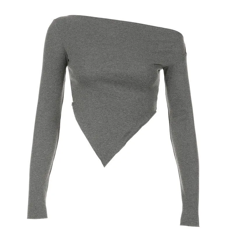 Long sleeve irregular slit off shoulder solid top