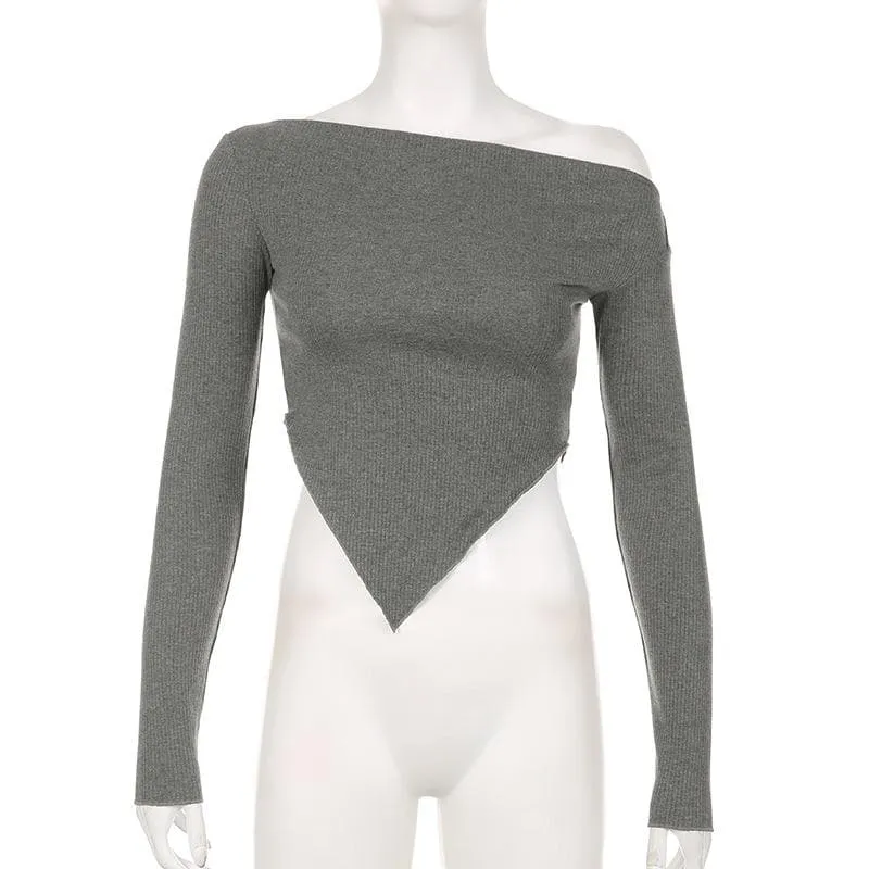 Long sleeve irregular slit off shoulder solid top