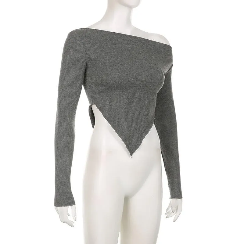 Long sleeve irregular slit off shoulder solid top