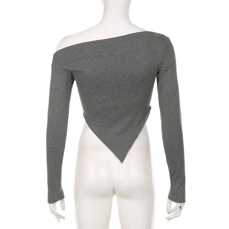 Long sleeve irregular slit off shoulder solid top