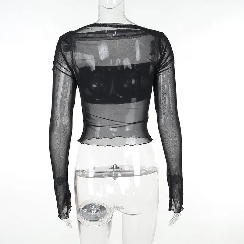 Long sleeve ruffle ruched mesh patchwork solid 2-way top