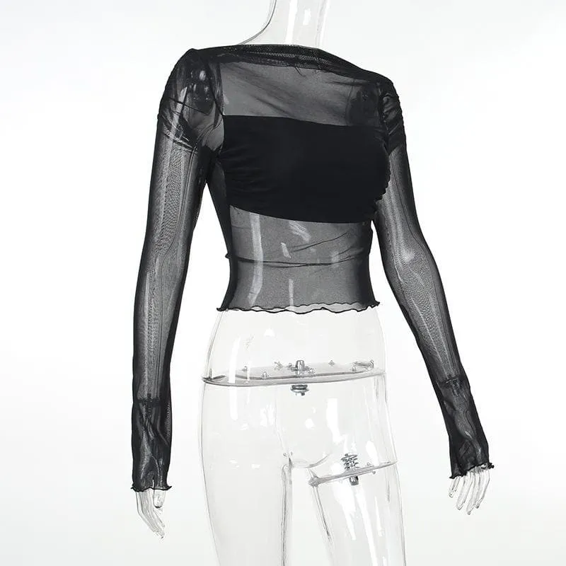 Long sleeve ruffle ruched mesh patchwork solid 2-way top
