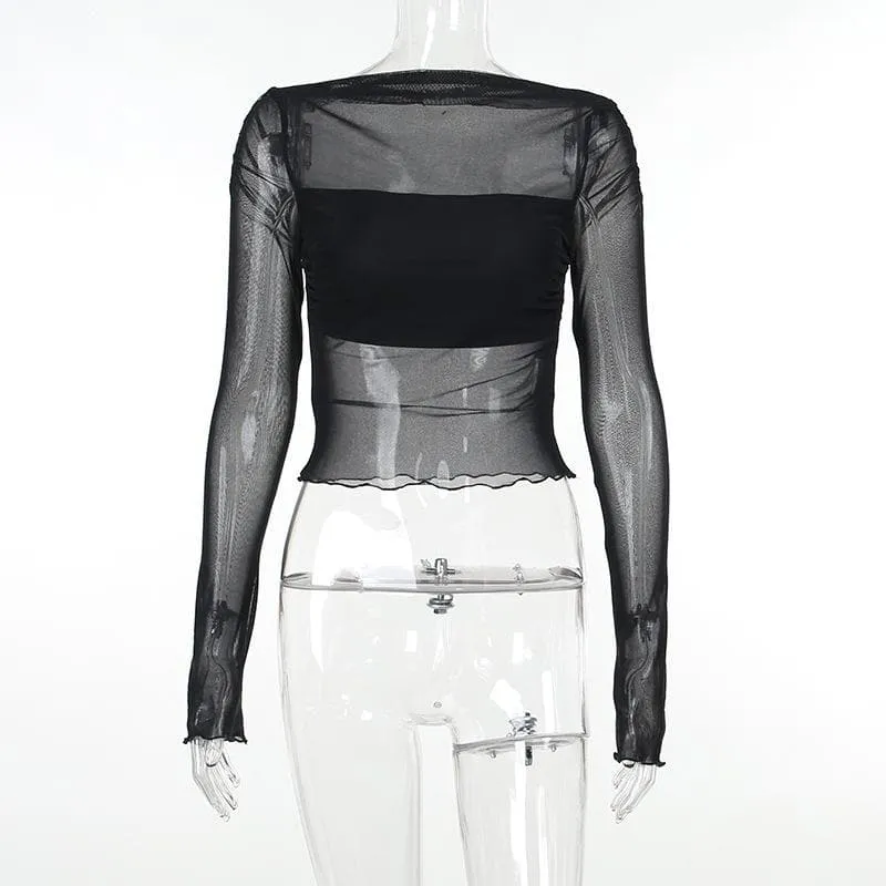 Long sleeve ruffle ruched mesh patchwork solid 2-way top